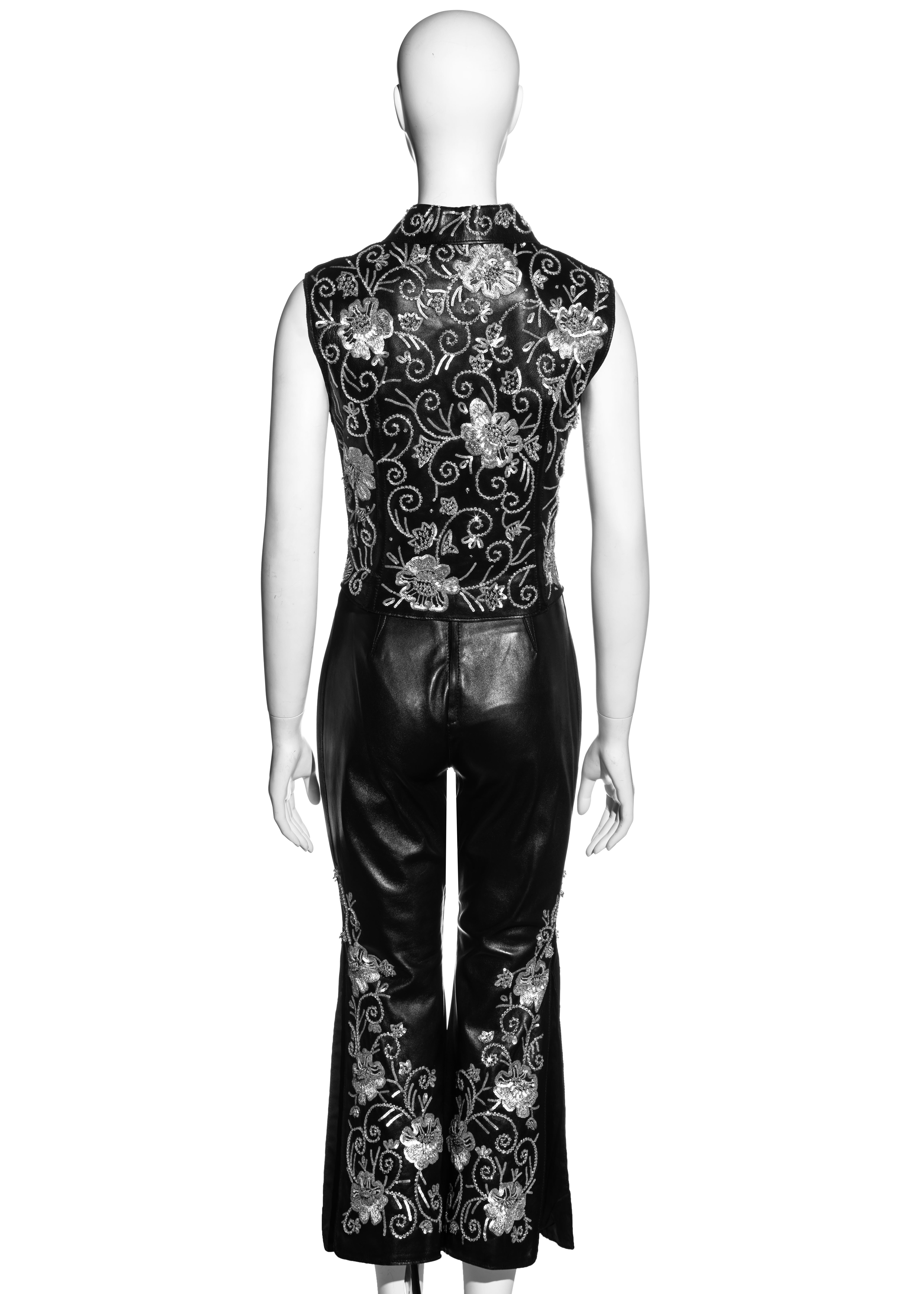 Women's Dolce & Gabbana black embroidered leather pant suit with embellishments, fw 1999 For Sale