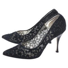 Dolce & Gabbana Black Embroidered Mesh Leather Trim Pointed Toe Pumps Size 40