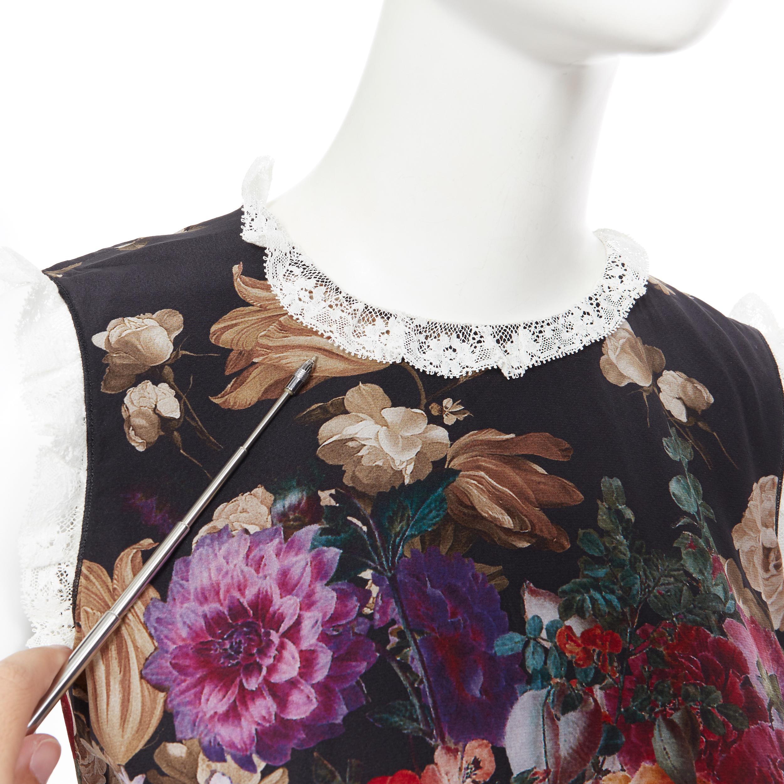 DOLCE GABBANA black floral cherub cupid print lace trimmed mini silk dress IT36 2