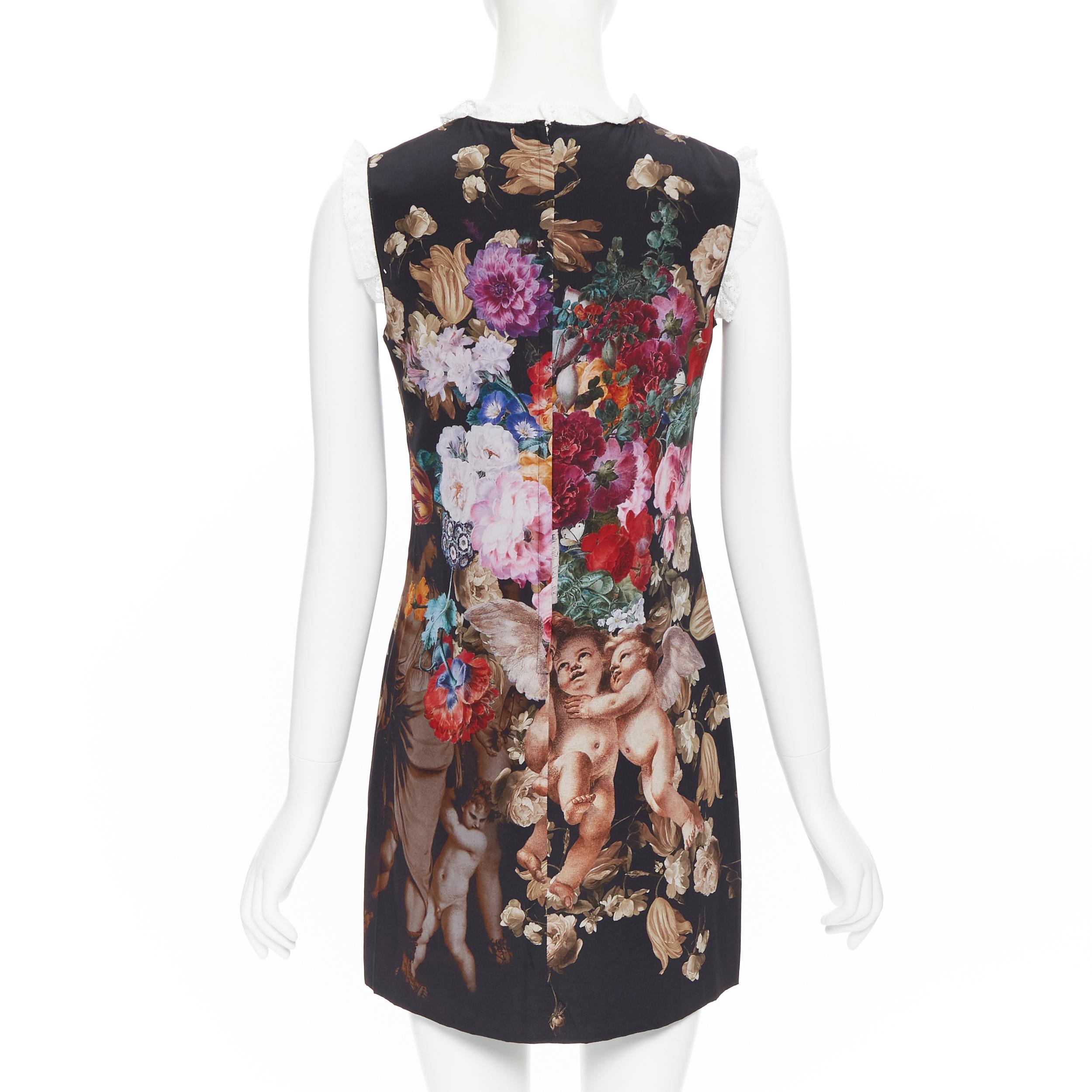 Brown DOLCE GABBANA black floral cherub cupid print lace trimmed mini silk dress IT36