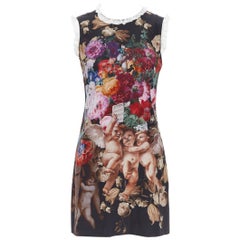 DOLCE GABBANA black floral cherub cupid print lace trimmed mini silk dress IT36