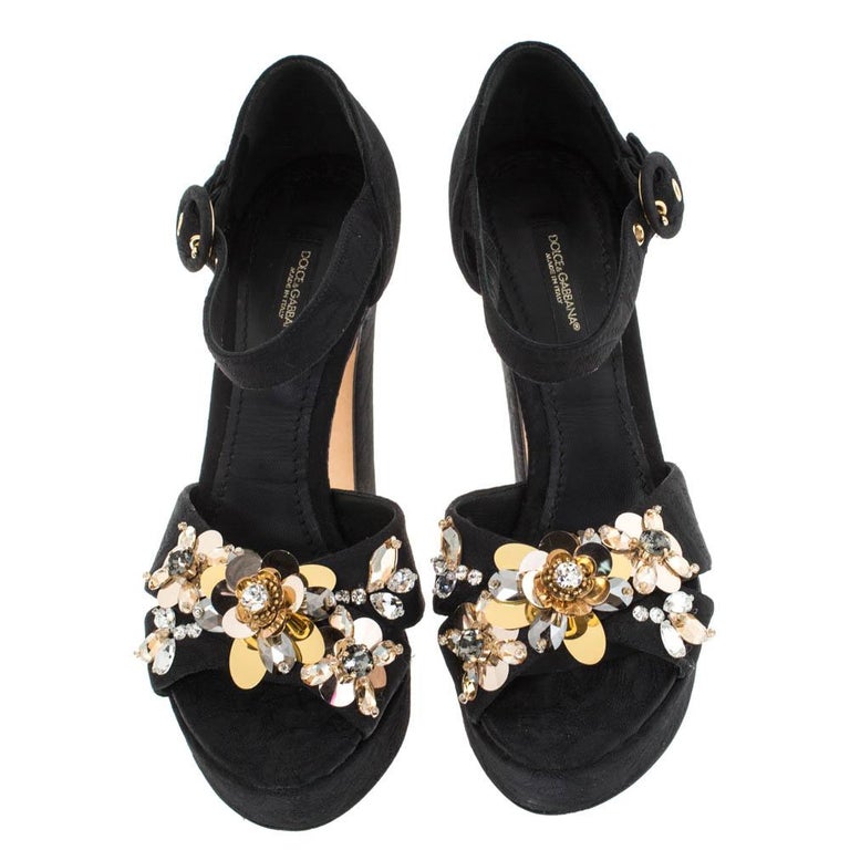 Dolce and Gabbana Black Floral Fabric Embellished Ankle Strap Sandals ...