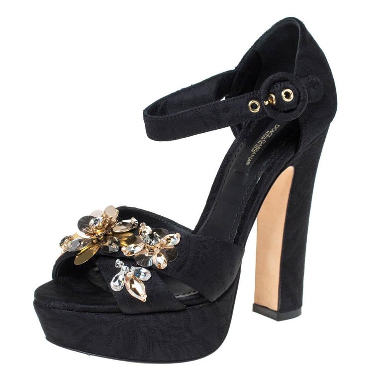 Dolce and Gabbana Black Floral Fabric Embellished Ankle Strap Sandals ...