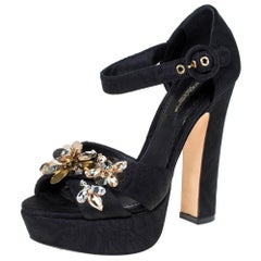 Dolce & Gabbana Black Floral Fabric Embellished Ankle Strap Sandals Size 36