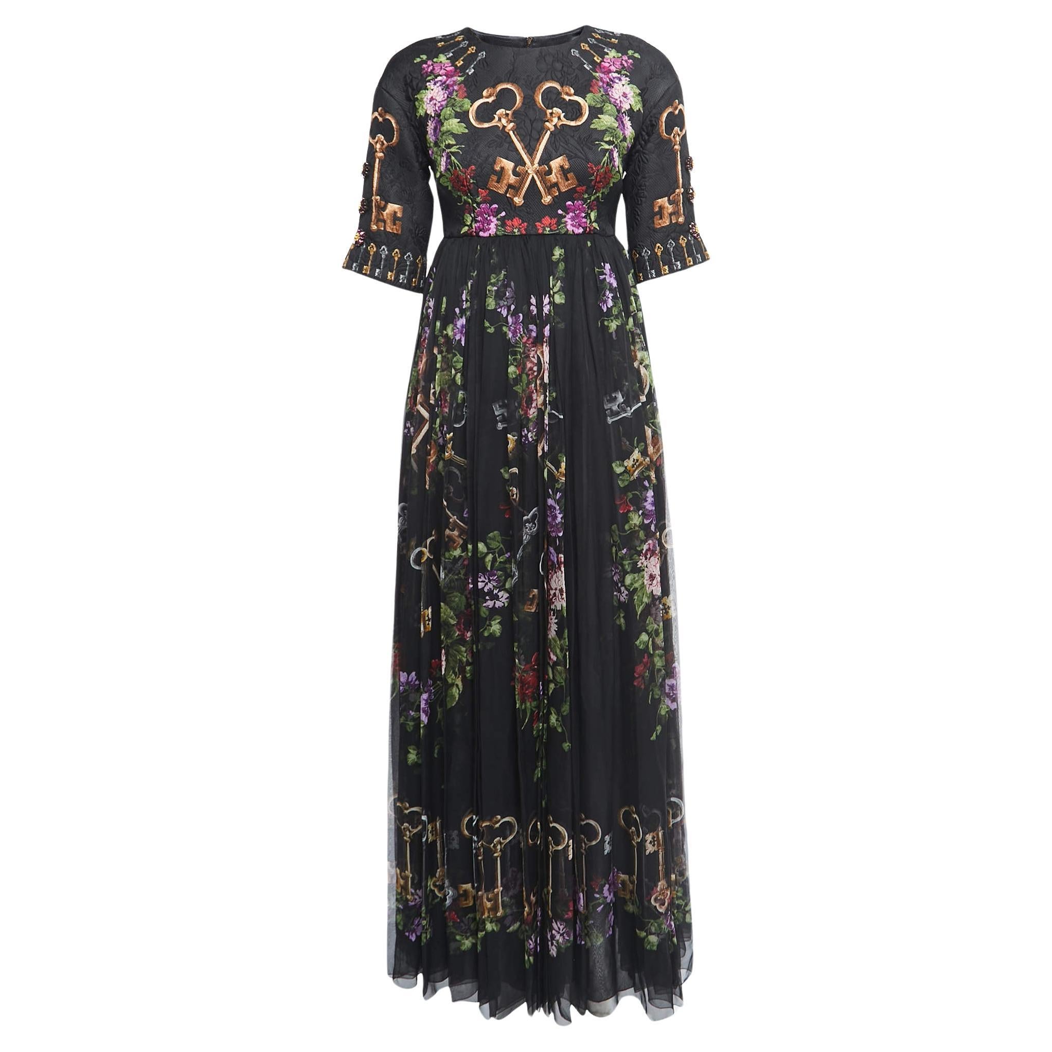 Dolce & Gabbana Black Floral & Key Printed Silk Maxi Dress S