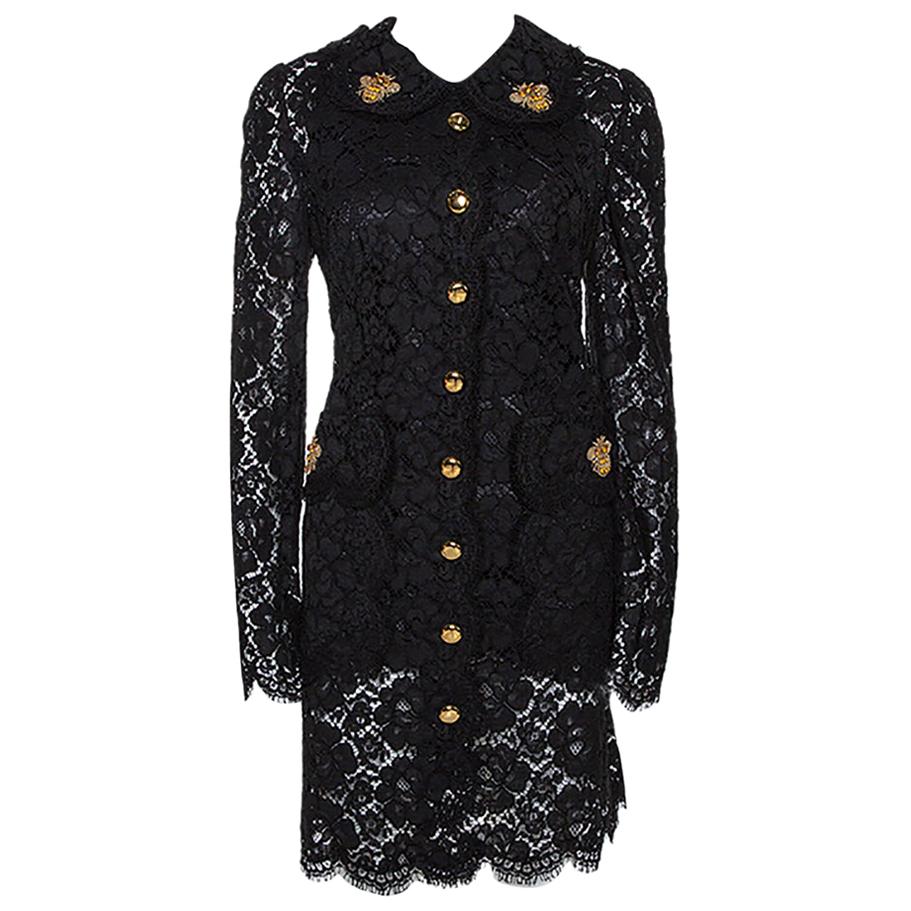 Dolce & Gabbana Black Floral Lace Bee Appliqued Shift Dress L