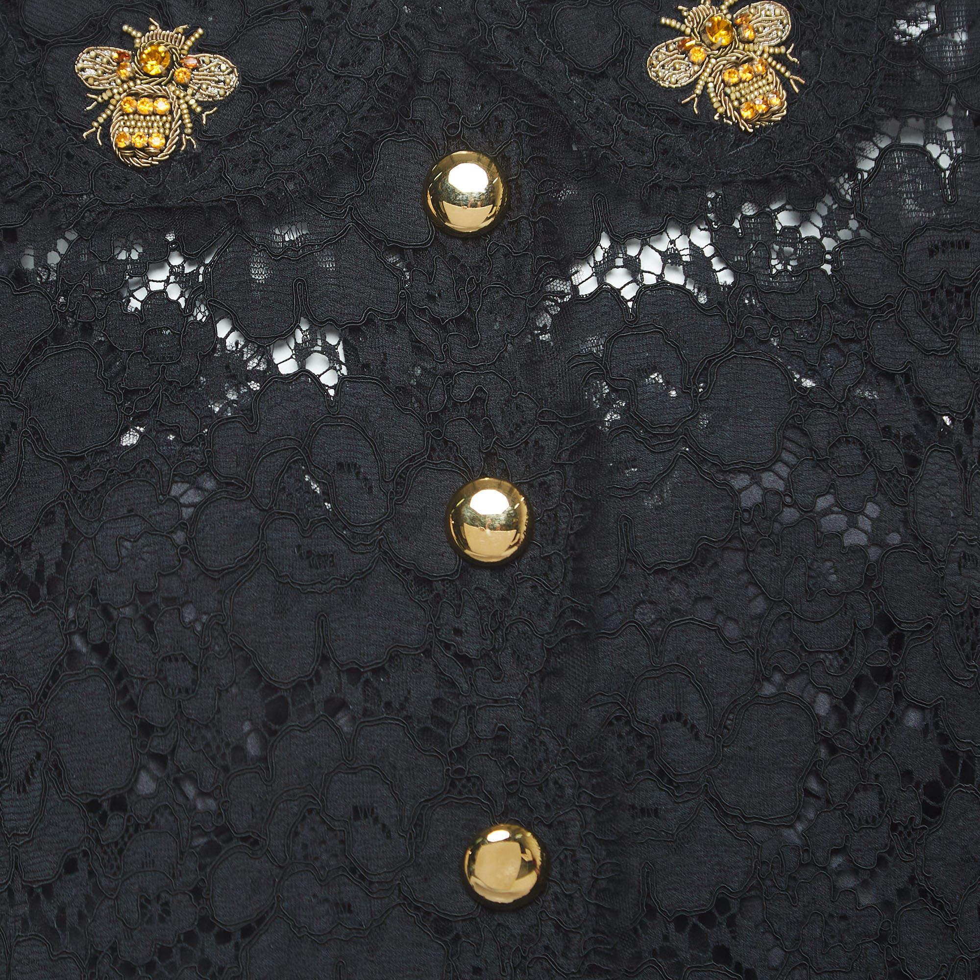 Dolce & Gabbana Black Floral Lace Bee Embellished Detail Mini Dress L 1