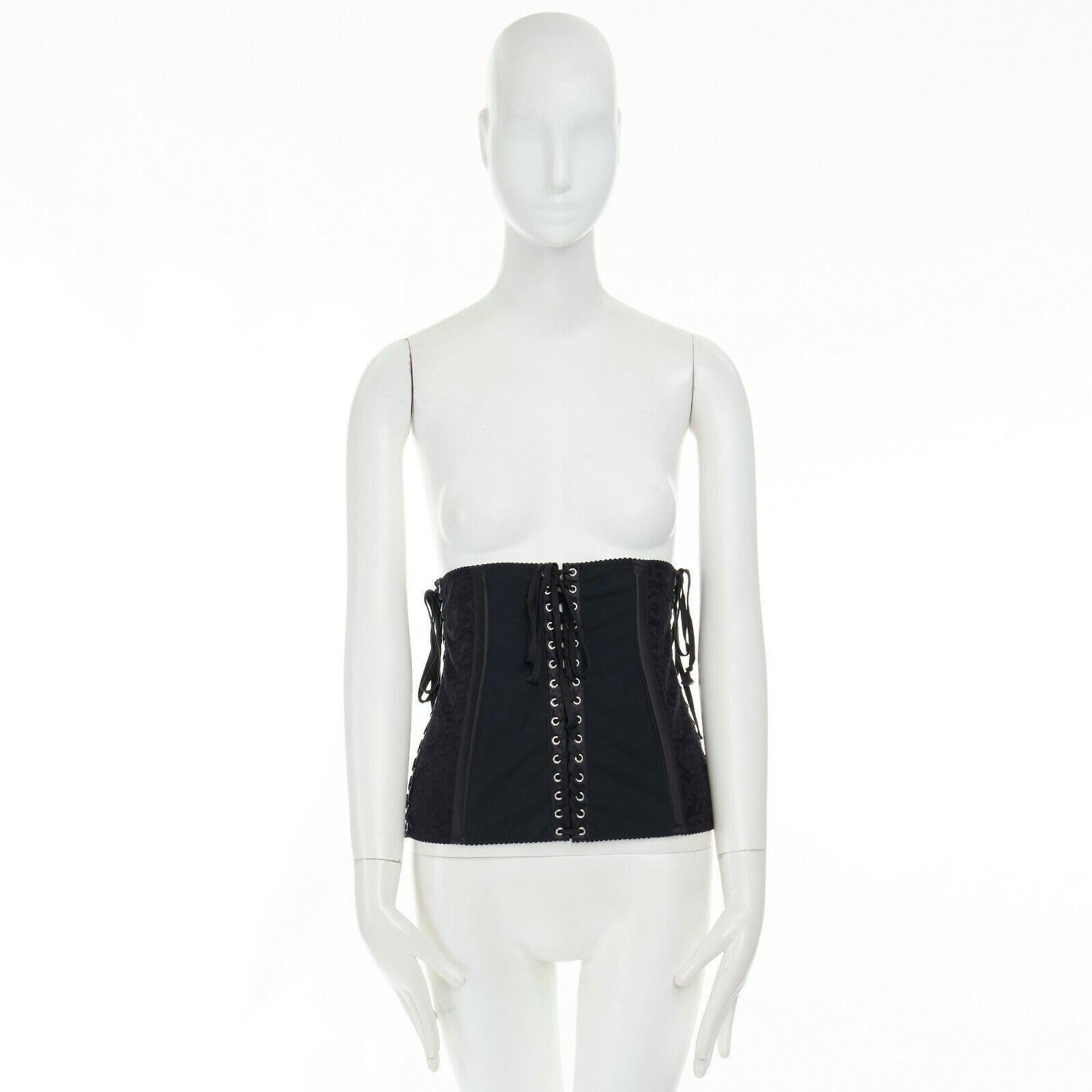DOLCE GABBANA black floral lace boned laced up corset belt IT42 M In Excellent Condition In Hong Kong, NT