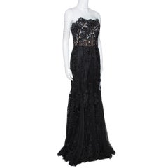 Dolce & Gabbana Black Floral Lace Bustier Detail Strapless Gown M