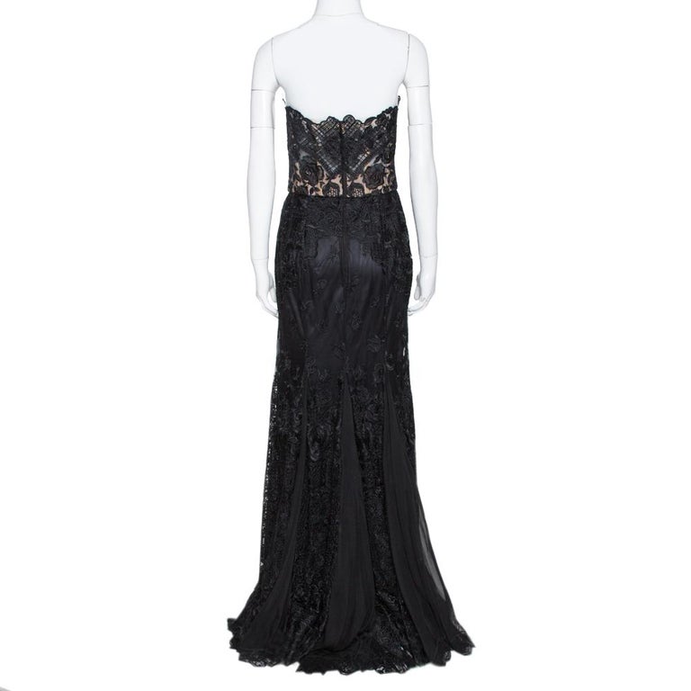 Dolce and Gabbana Black Floral Lace Bustier Detail Strapless Gown M at ...