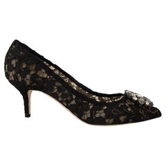 Dolce 
Gabbana Black Floral Lace Leather Pointy Pumps Shoes Heels With Crystals