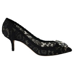 Dolce & Gabbana Black Floral Lace Leather Pointy Pumps Shoes Heels With Crystals