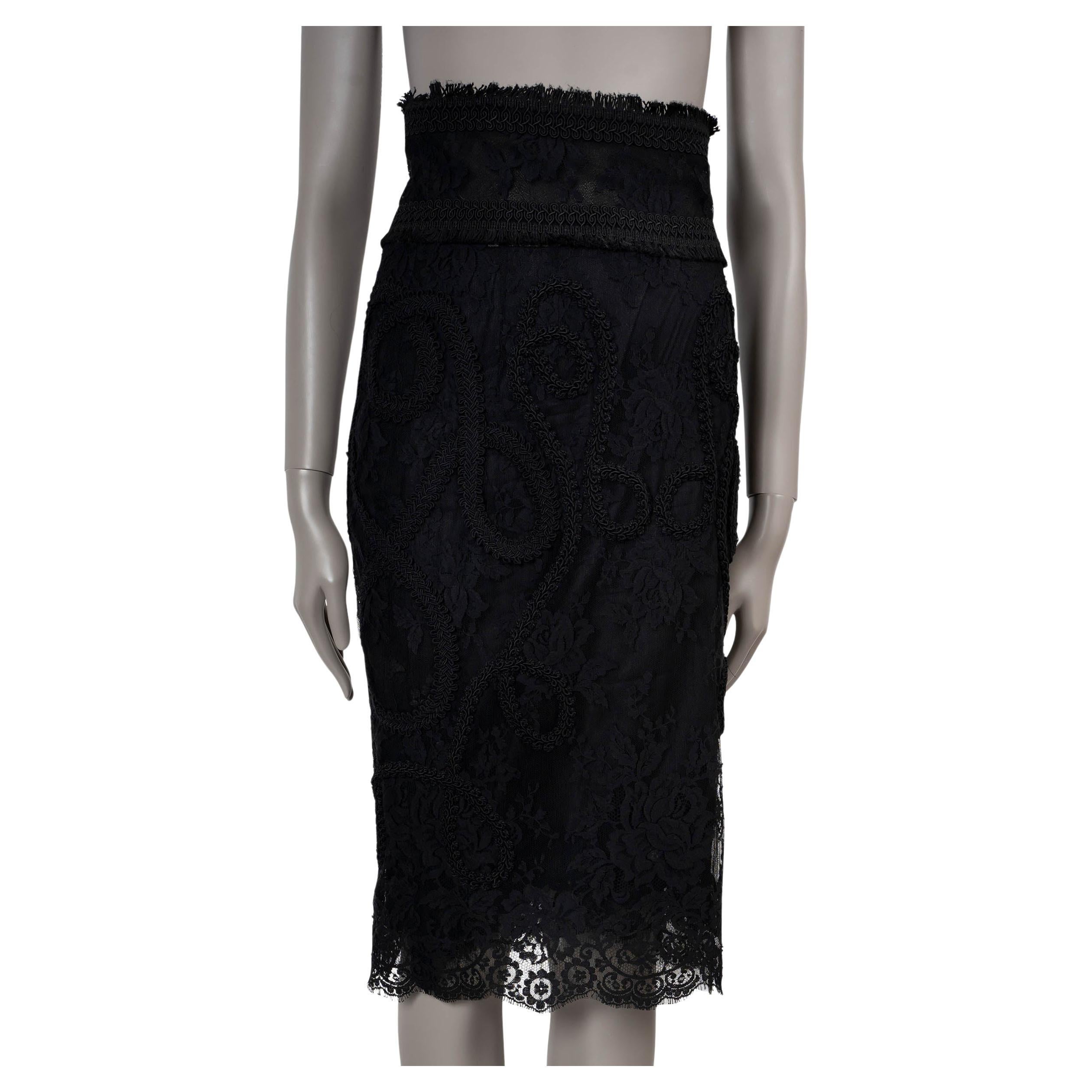 DOLCE & GABBANA black FLORAL LACE MESH EMBROIDERED HIGH WAISTED Skirt S For Sale