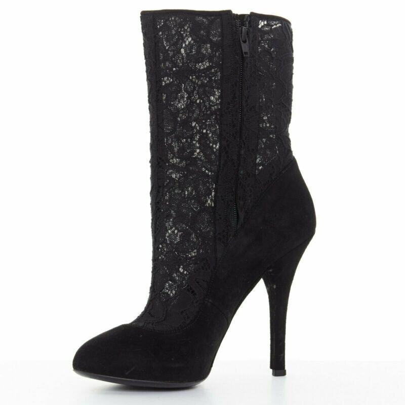 DOLCE GABBANA noir dentelle florale maille chaussette daim escarpin design bottine courte EU39 Bon état - En vente à Hong Kong, NT