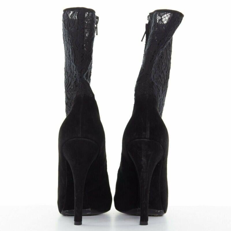 DOLCE GABBANA noir dentelle florale maille chaussette daim escarpin design bottine courte EU39 Pour femmes en vente