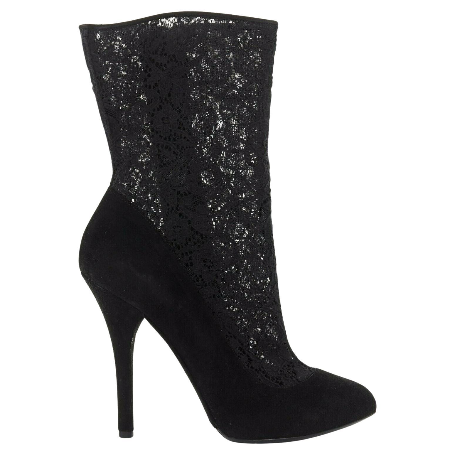 DOLCE GABBANA black floral lace mesh sock suede pump design short ...