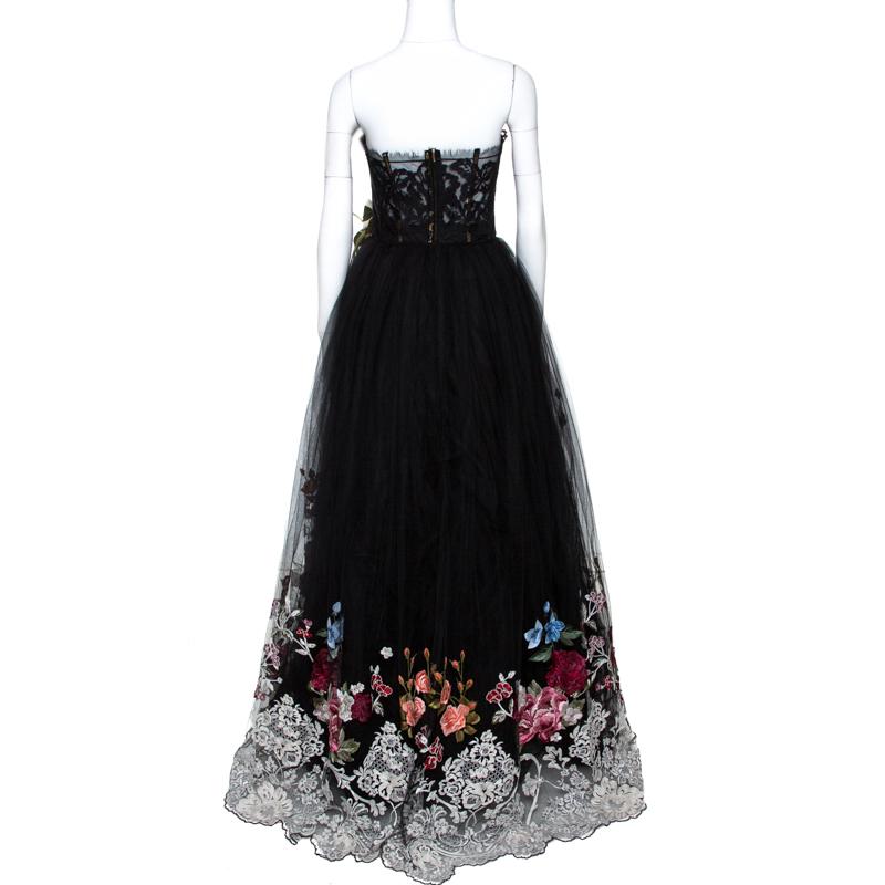 Dolce & Gabbana Black Floral Lace Overlay Strapless Ball Gown M In New Condition In Dubai, Al Qouz 2