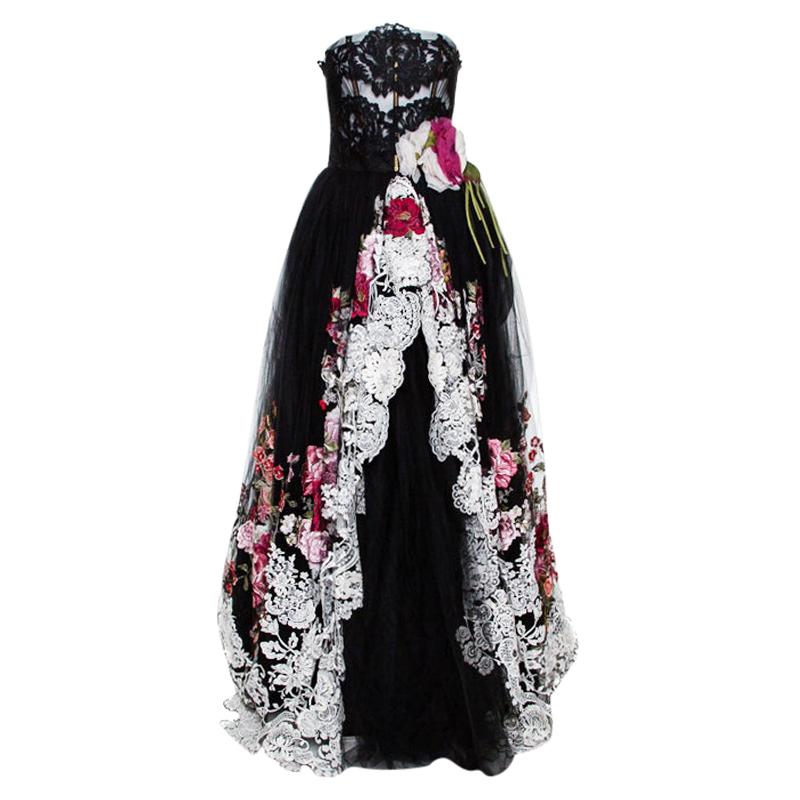 Dolce & Gabbana Black Floral Lace Overlay Strapless Ball Gown M