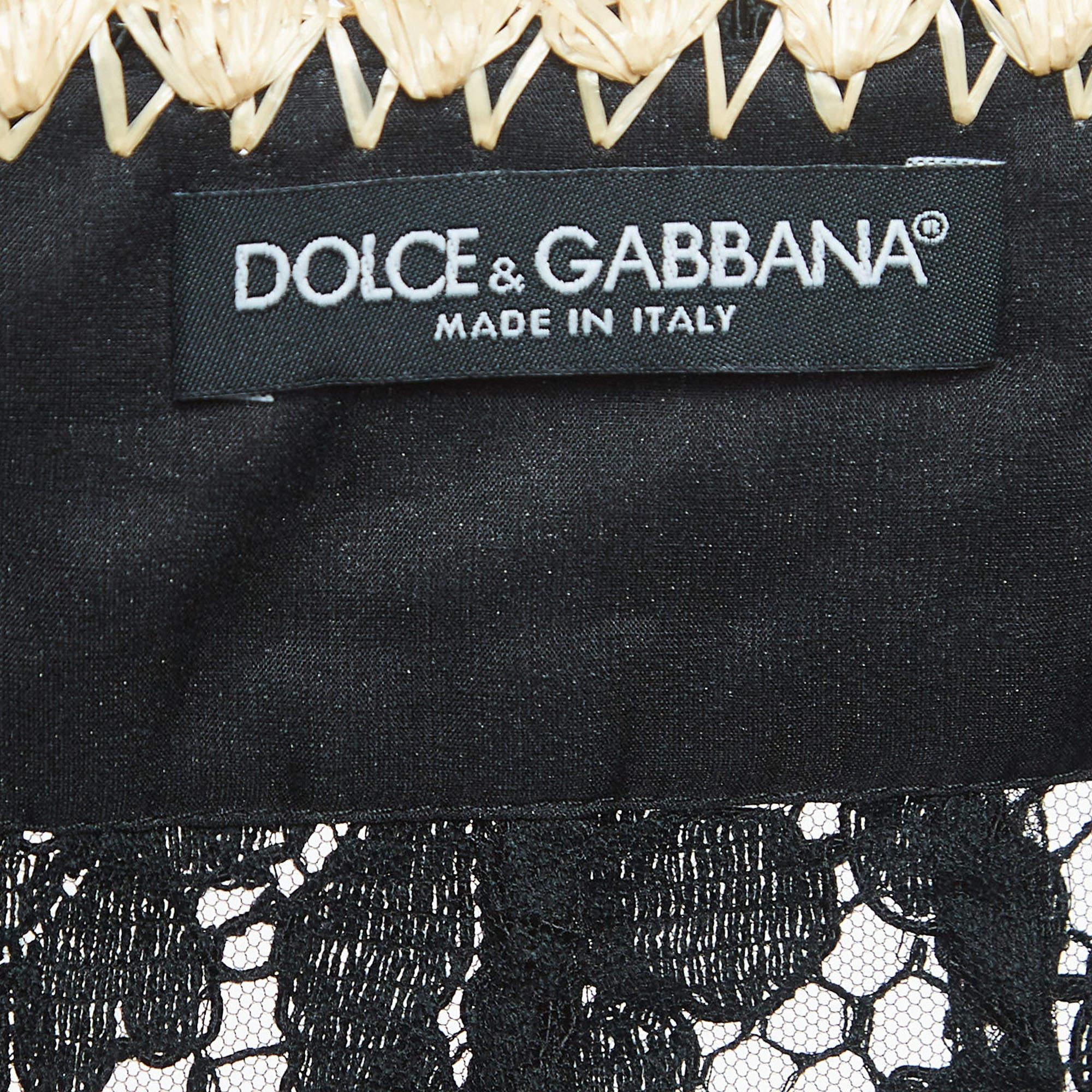 Women's Dolce & Gabbana Black Floral Lace Raffia Trimmed Midi Skirt M