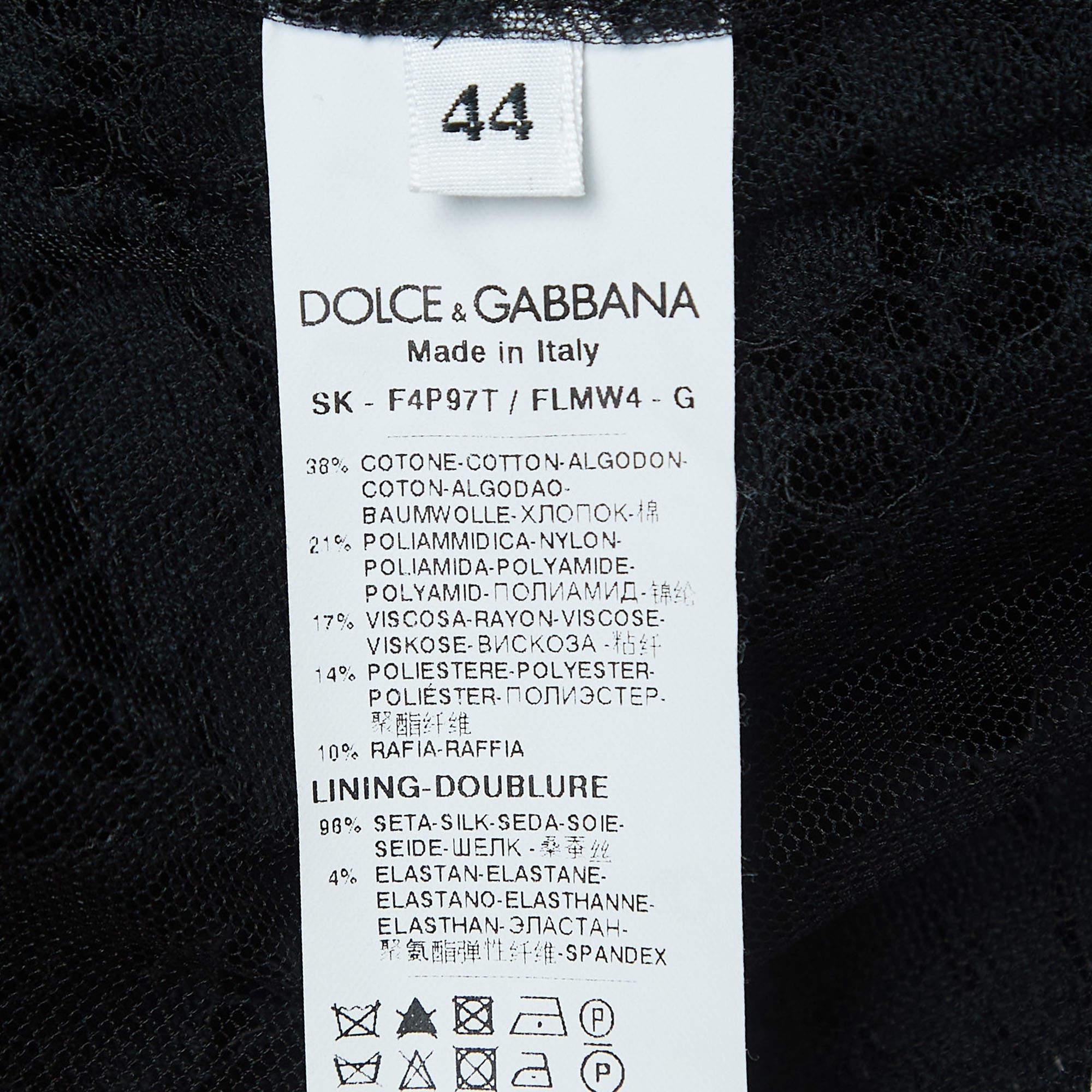 Dolce & Gabbana Black Floral Lace Raffia Trimmed Midi Skirt M 1