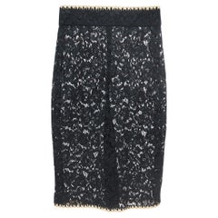 Dolce & Gabbana Black Floral Lace Raffia Trimmed Midi Skirt M