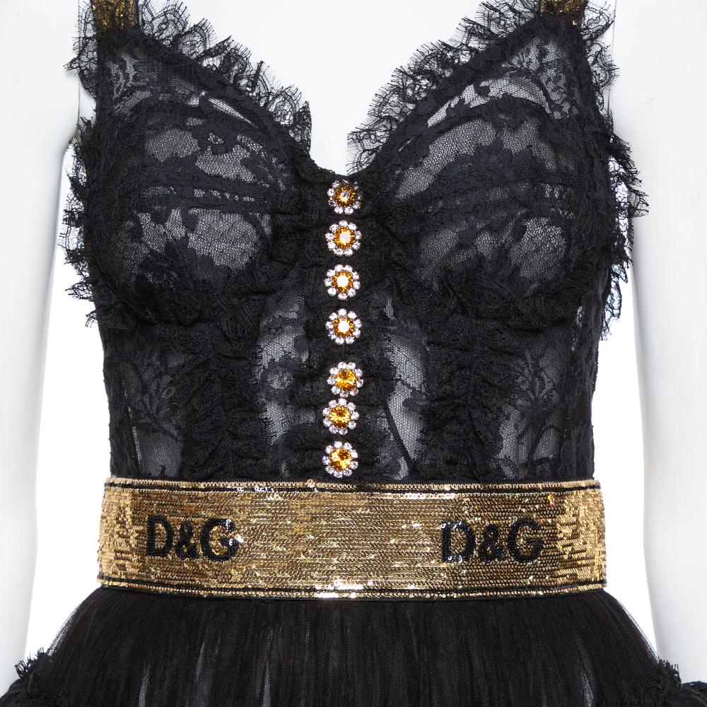 Dolce & Gabbana Black Floral Lace & Tulle Sequin Embellished Tiered Evening Gown In Good Condition In Dubai, Al Qouz 2