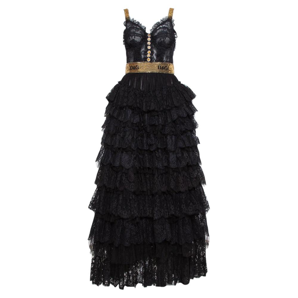 Dolce & Gabbana Black Floral Lace & Tulle Sequin Embellished Tiered Evening Gown