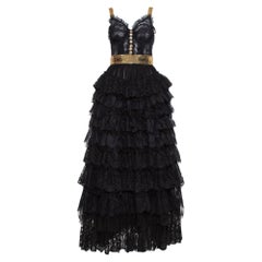 Dolce & Gabbana Vestido de noche de encaje floral negro y tul adornado con lentejuelas