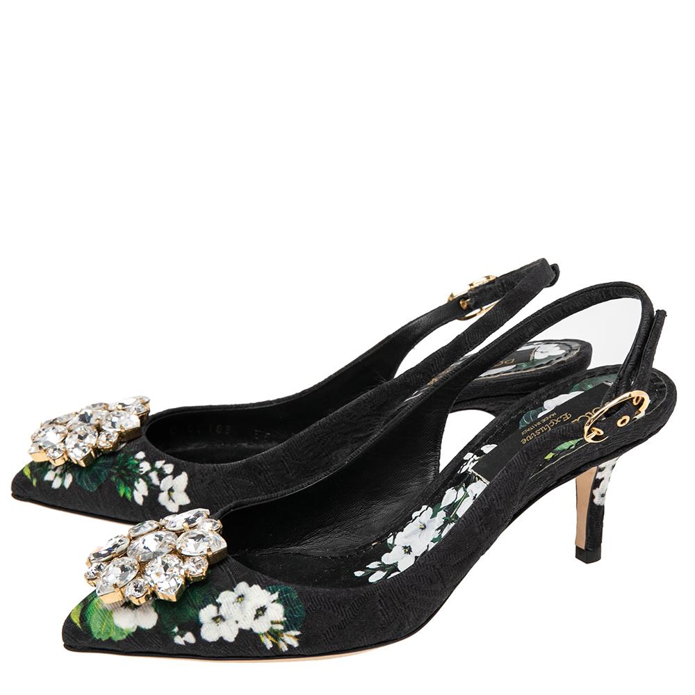 Dolce & Gabbana Black Floral Print Brocade Crystals Exclusive Slingback Sandals  In Good Condition In Dubai, Al Qouz 2