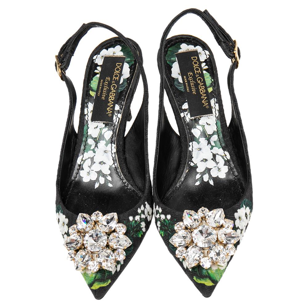Women's Dolce & Gabbana Black Floral Print Brocade Crystals Exclusive Slingback Sandals 