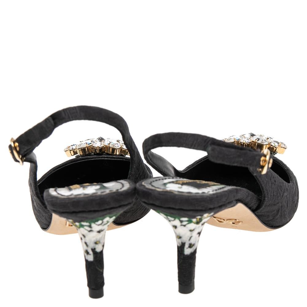 Dolce & Gabbana Black Floral Print Brocade Crystals Exclusive Slingback Sandals  1