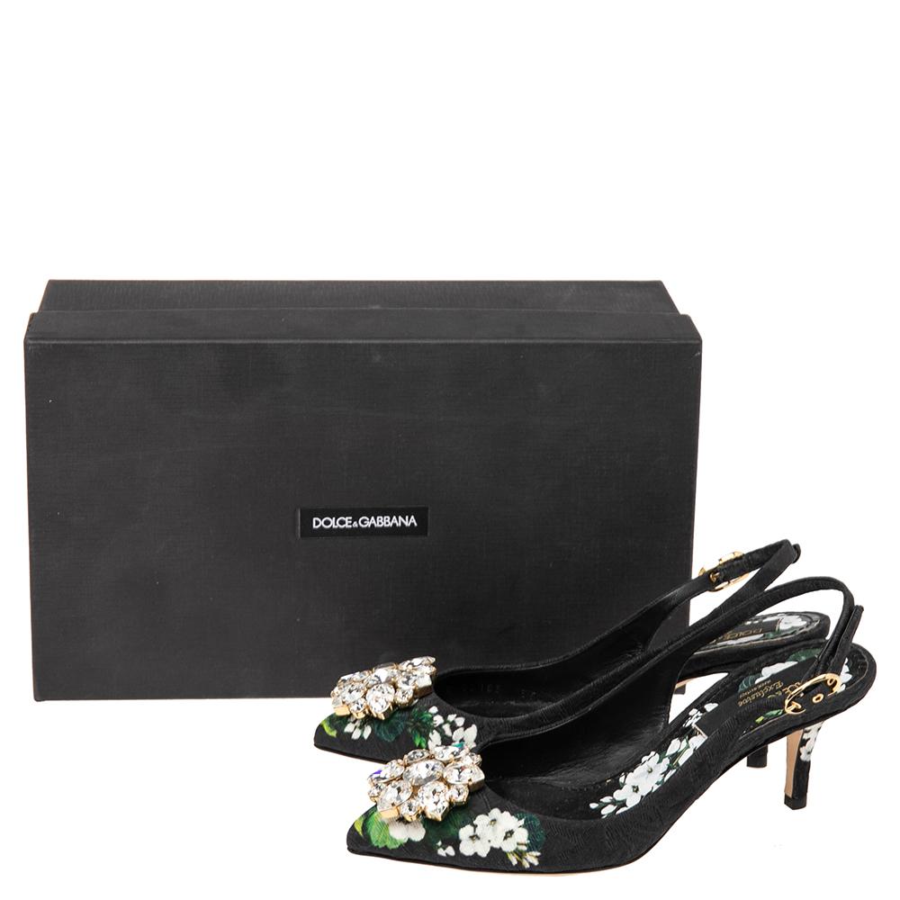 Dolce & Gabbana Black Floral Print Brocade Crystals Exclusive Slingback Sandals  4