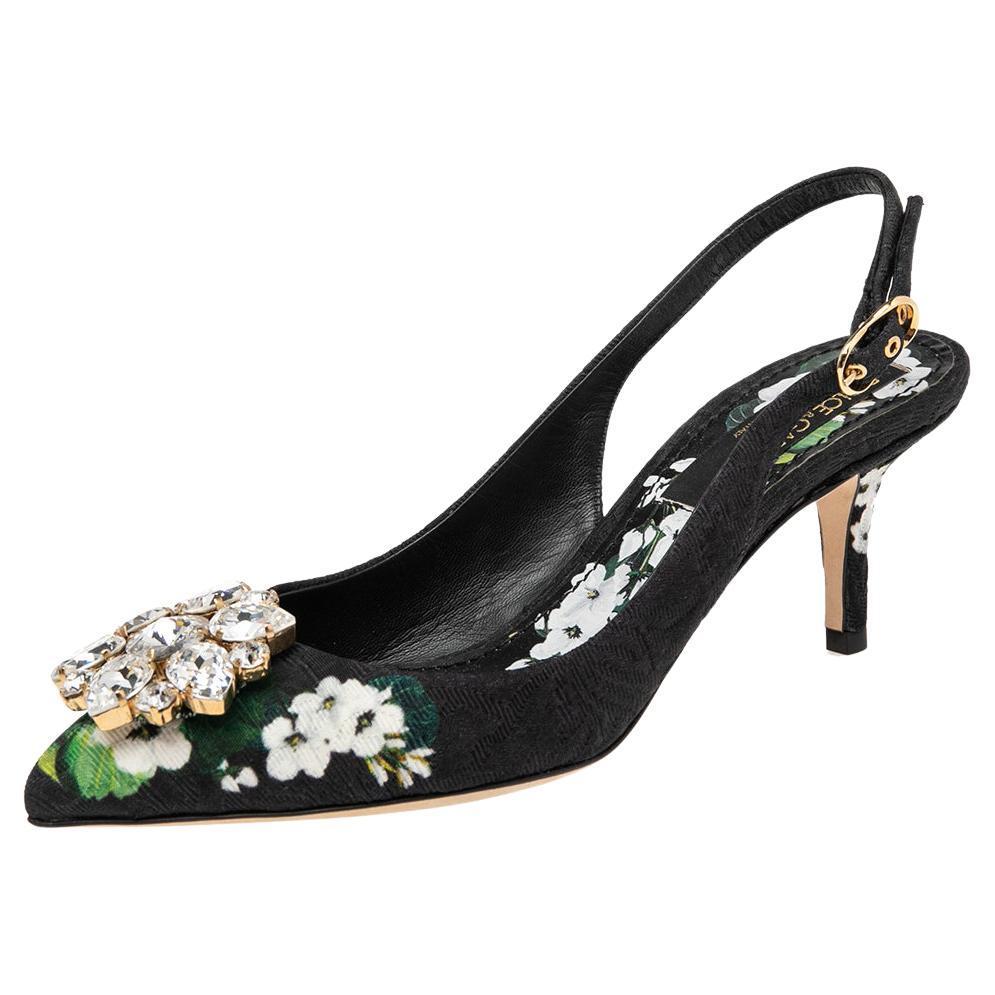 Dolce & Gabbana Black Floral Print Brocade Crystals Exclusive Slingback Sandals 