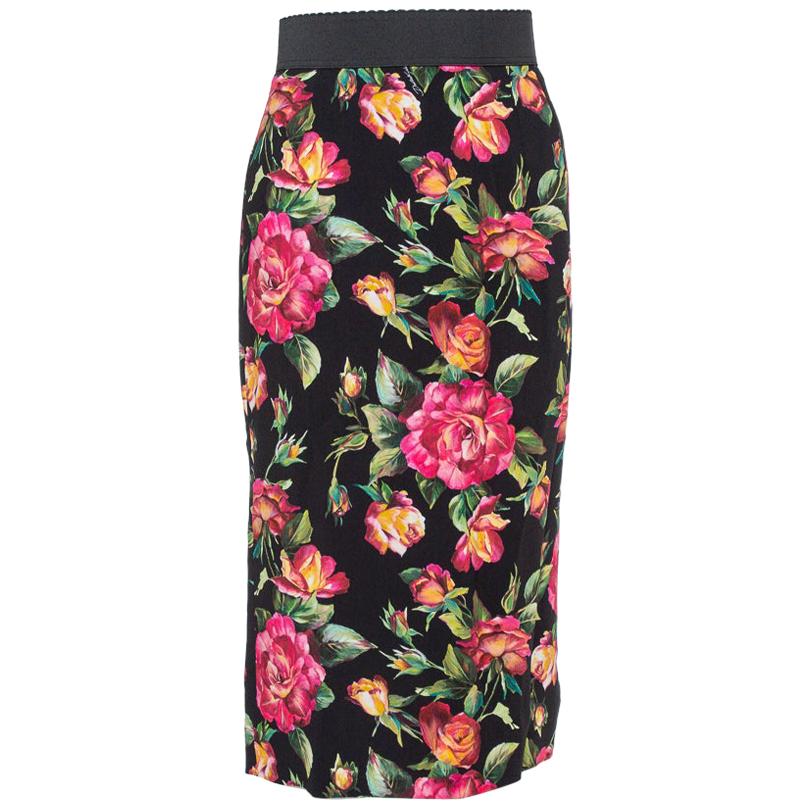 Dolce & Gabbana Black Floral Print Cady Pencil Skirt S