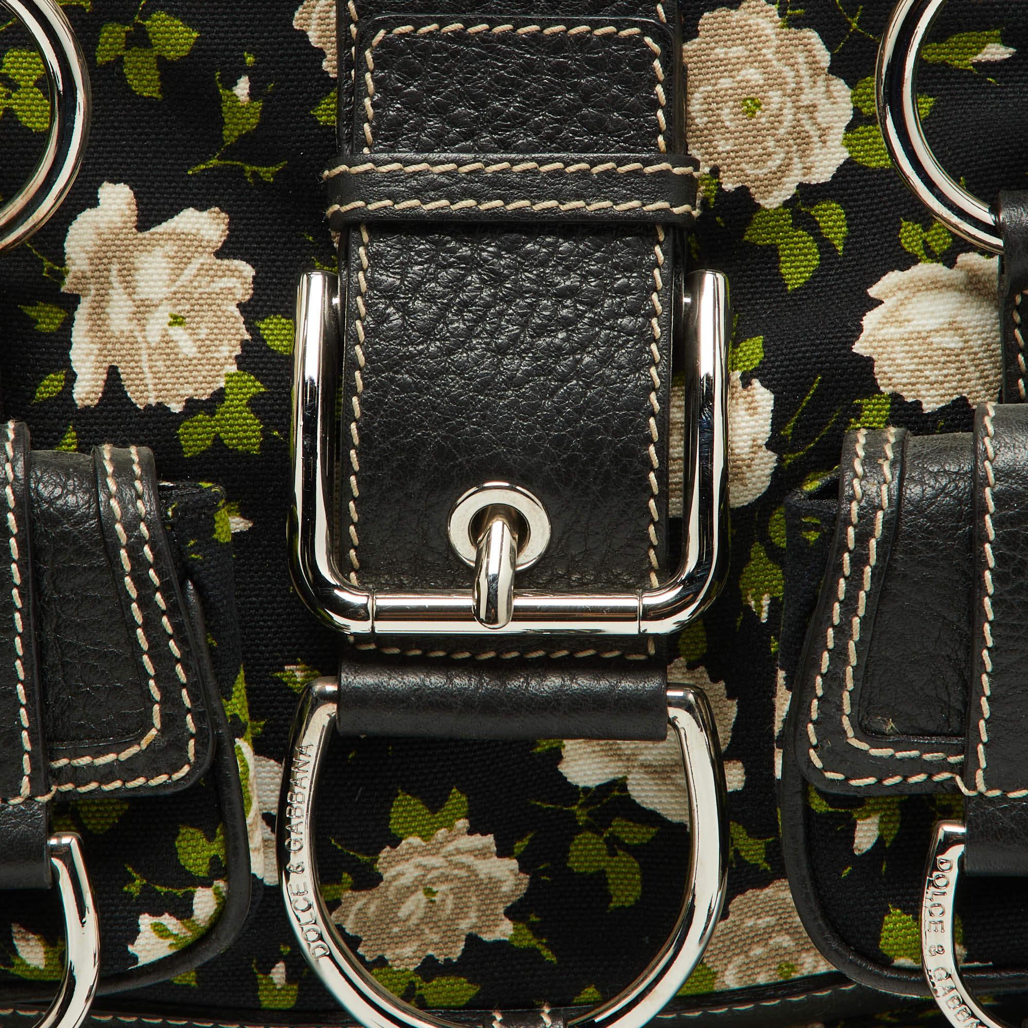 Dolce & Gabbana Black Floral Print Canvas and Leather Frame Satchel For Sale 10