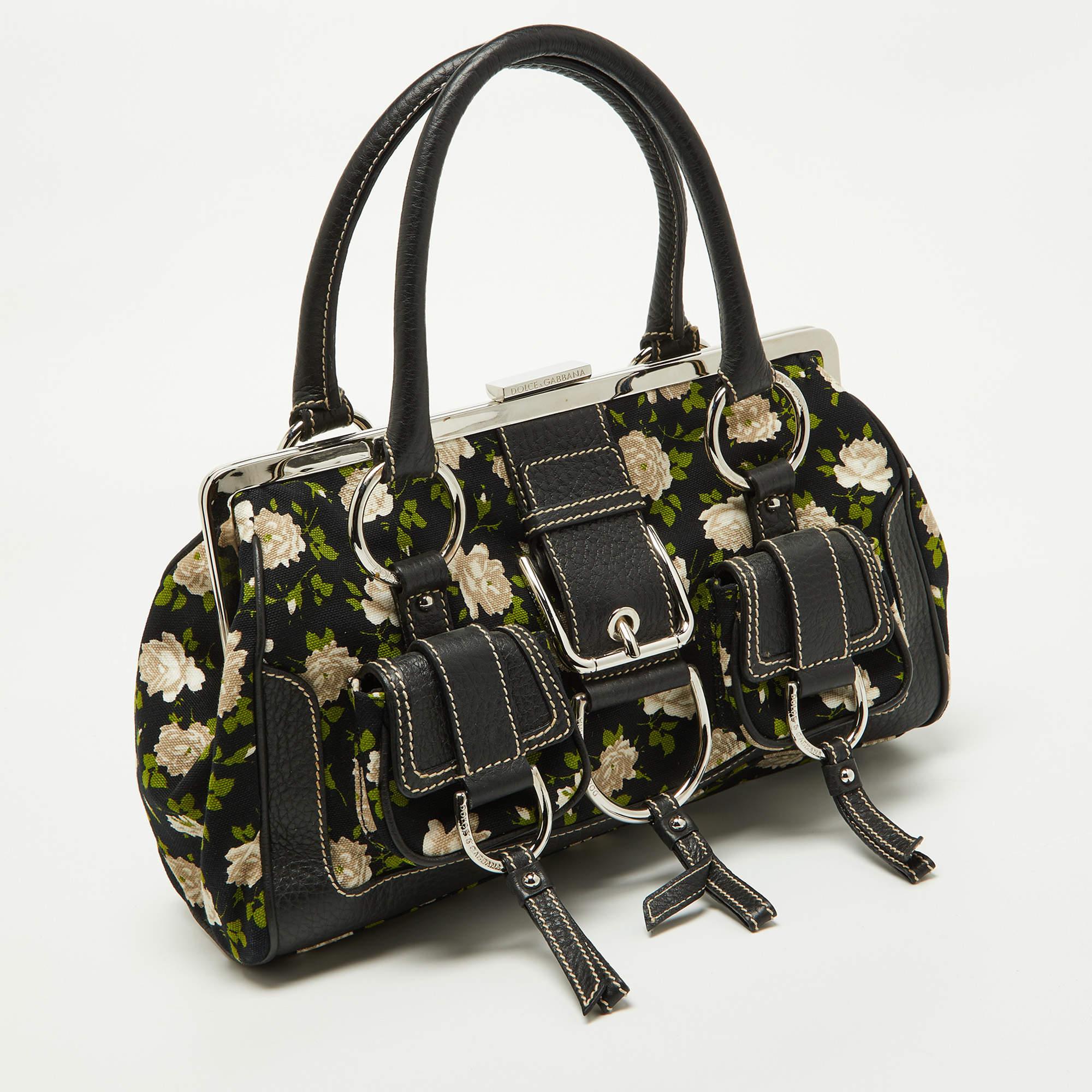 Dolce & Gabbana Black Floral Print Canvas and Leather Frame Satchel In Good Condition For Sale In Dubai, Al Qouz 2