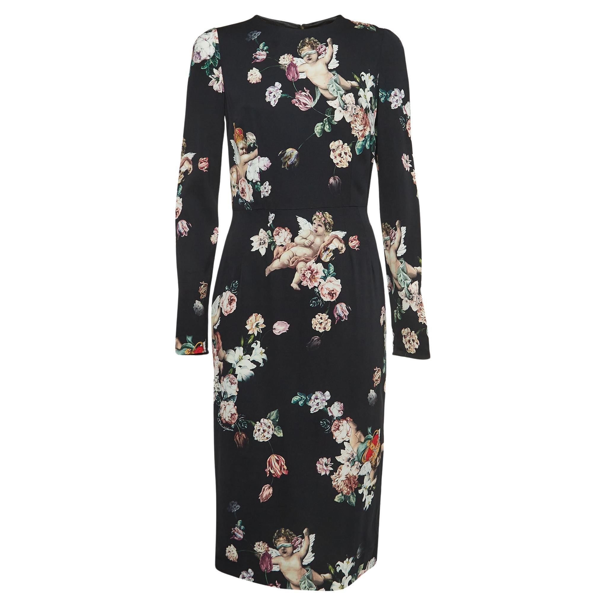 Dolce & Gabbana Black Floral Print Crepe Fitted Midi Dress M For Sale
