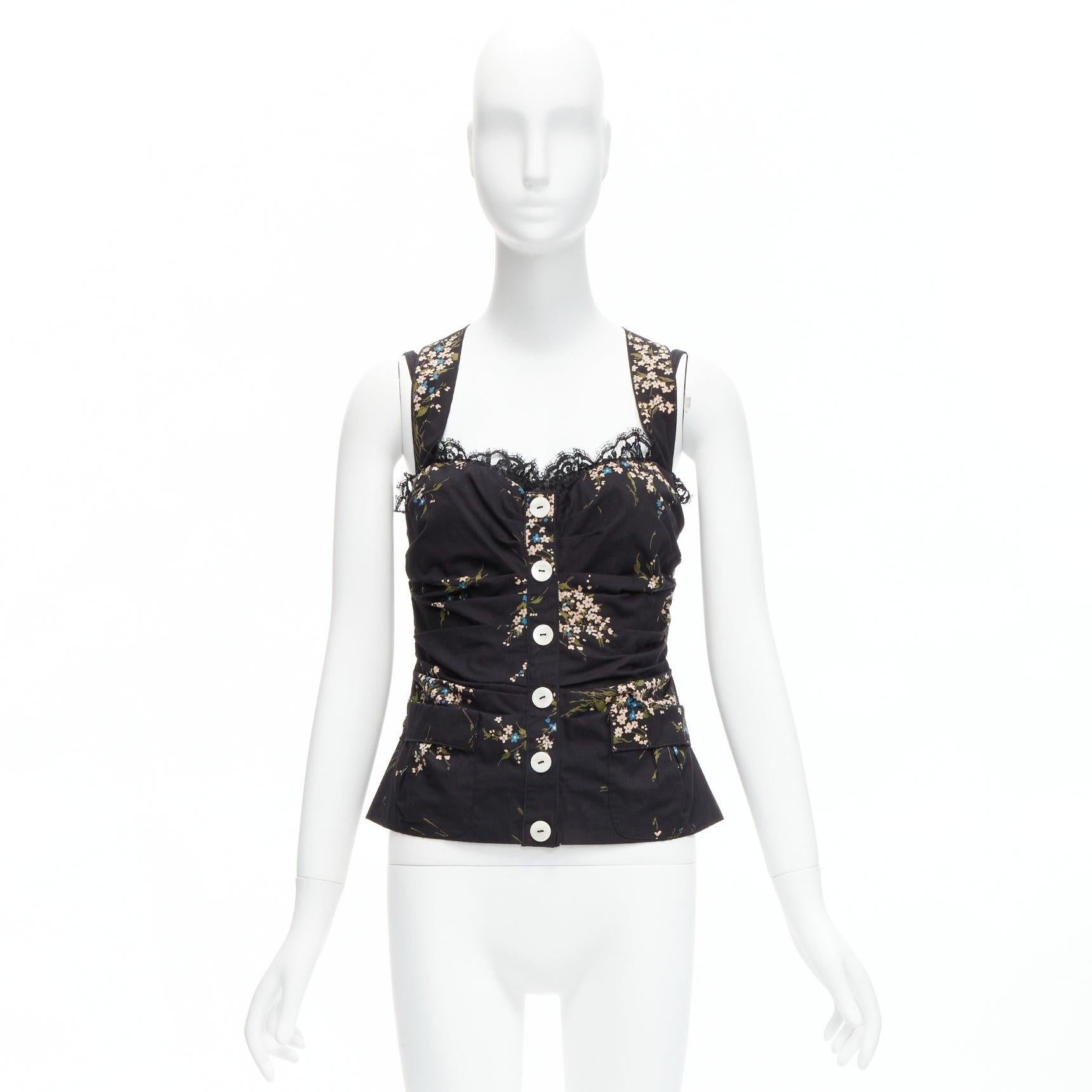 DOLCE GABBANA top corsé negro con estampado floral y espalda cruzada de encaje IT42 M en venta 5