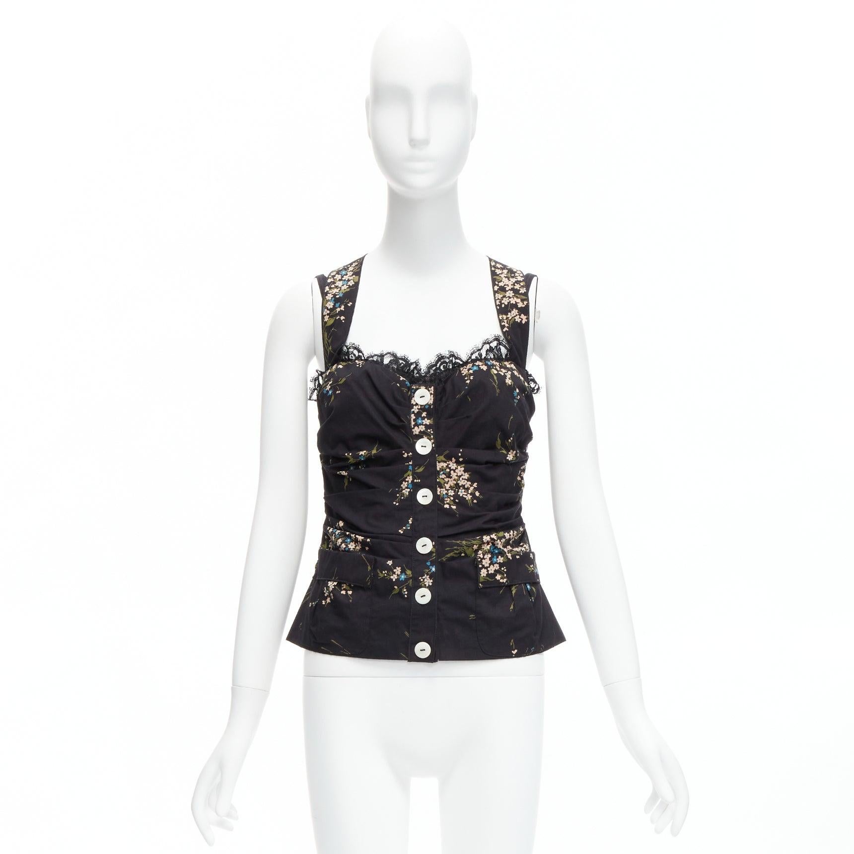 Dolce & Gabbana noir, imprimé floral, top corset en dentelle croisée dans le dos IT42 M en vente 5