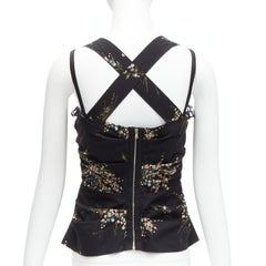 DOLCE GABBANA black floral print cross back lace trim corset top IT42 M
