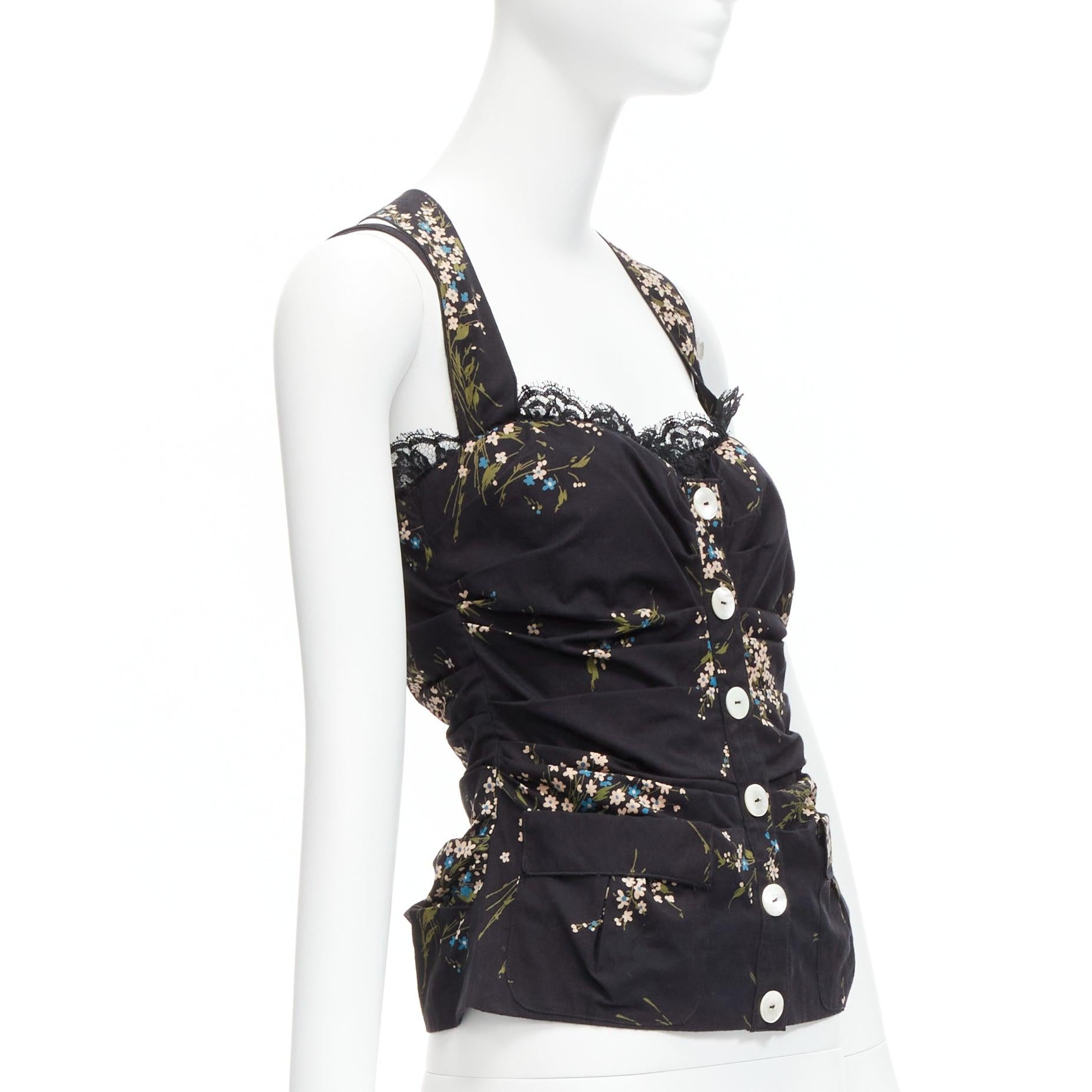 Black DOLCE GABBANA black floral print cross back lace trim corset top IT42 M For Sale