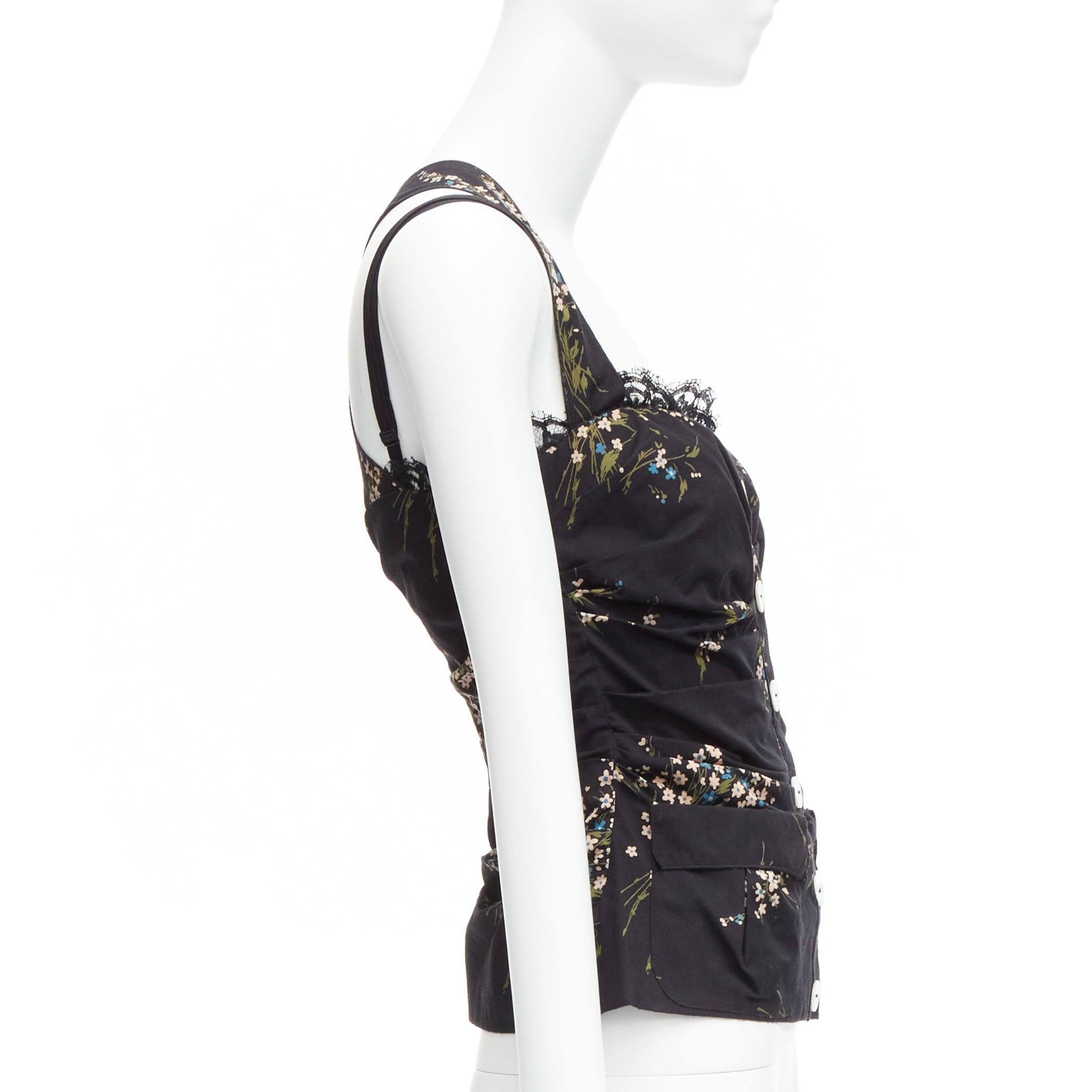 DOLCE GABBANA black floral print cross back lace trim corset top IT42 M In Excellent Condition For Sale In Hong Kong, NT