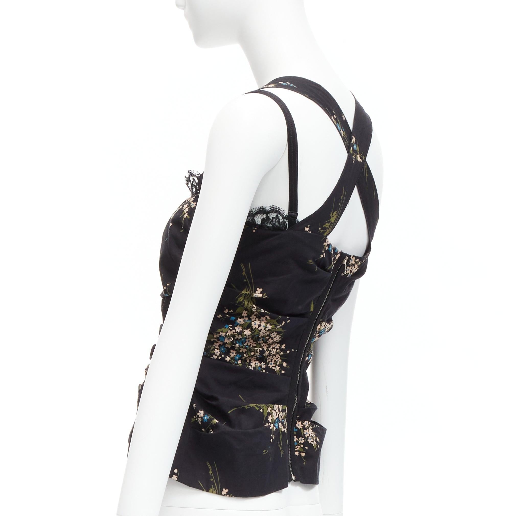 Women's DOLCE GABBANA black floral print cross back lace trim corset top IT42 M For Sale