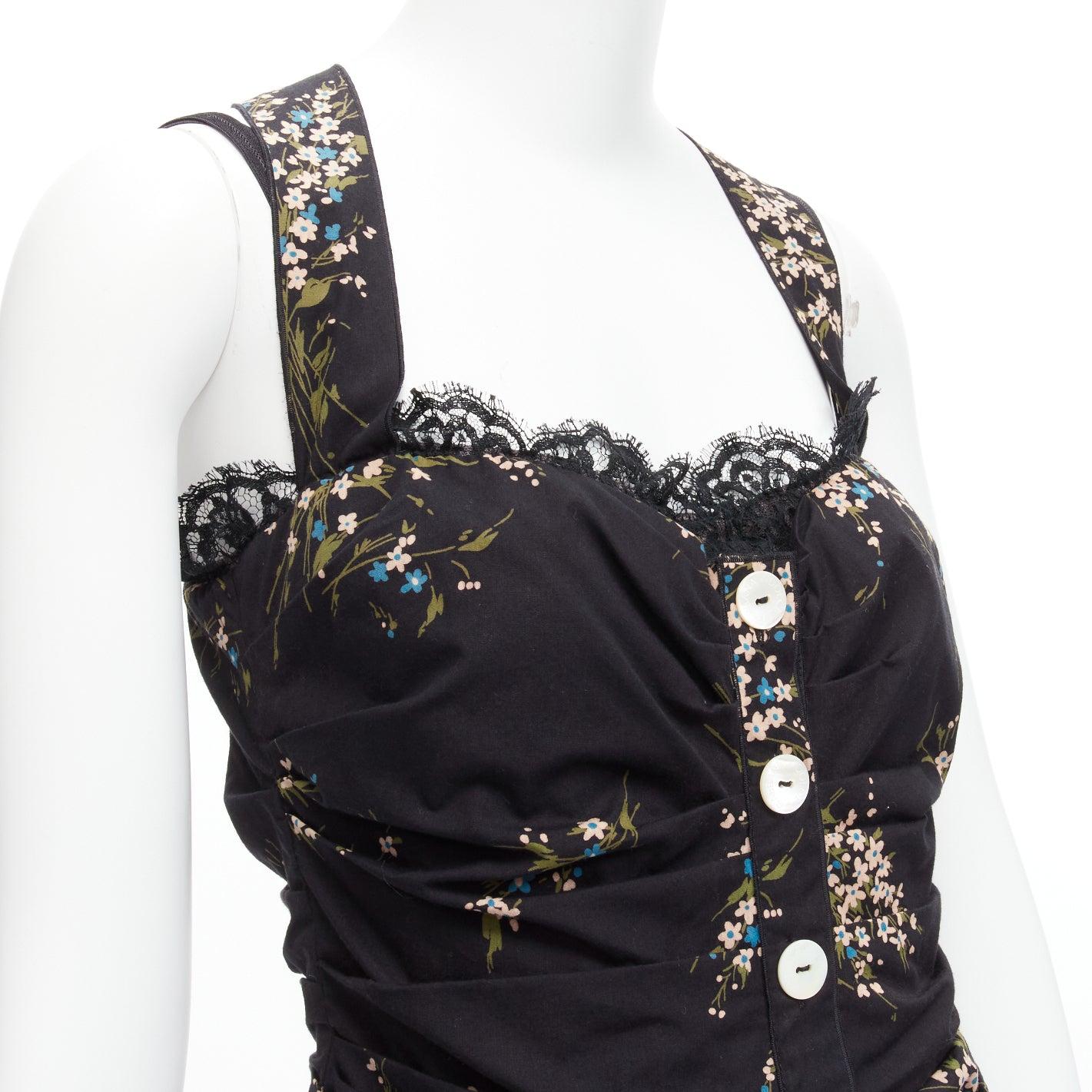 DOLCE GABBANA black floral print cross back lace trim corset top IT42 M For Sale 1
