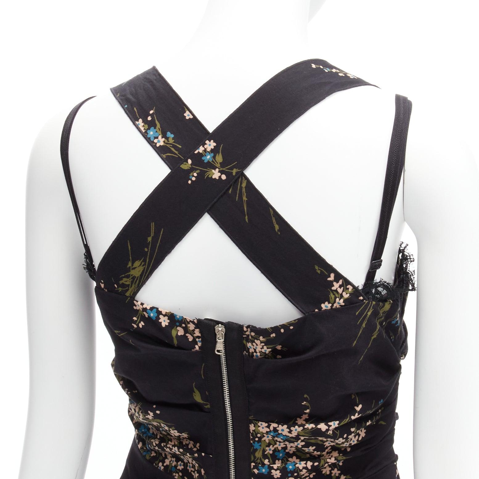 Dolce & Gabbana noir, imprimé floral, top corset en dentelle croisée dans le dos IT42 M en vente 3