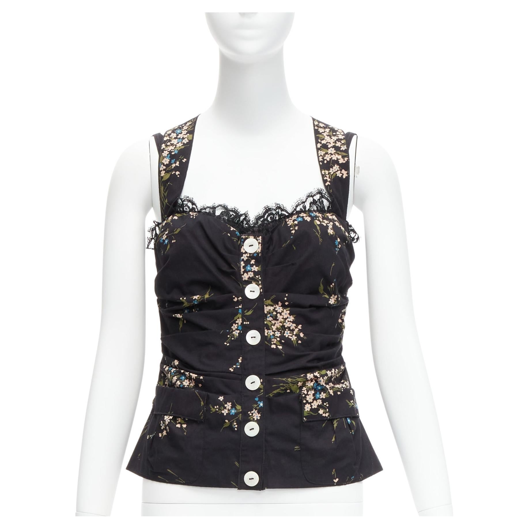 DOLCE GABBANA black floral print cross back lace trim corset top IT42 M For Sale