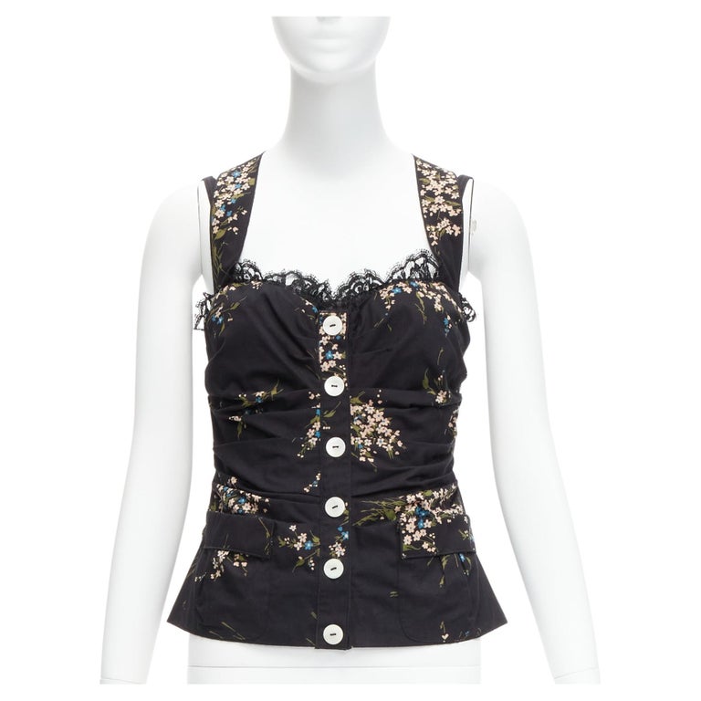 DOLCE GABBANA black floral print cross back lace trim corset top IT42 M For  Sale at 1stDibs