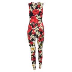 Dolce & Gabbana Black Floral Print Jersey Catsuit Jumpsuit S