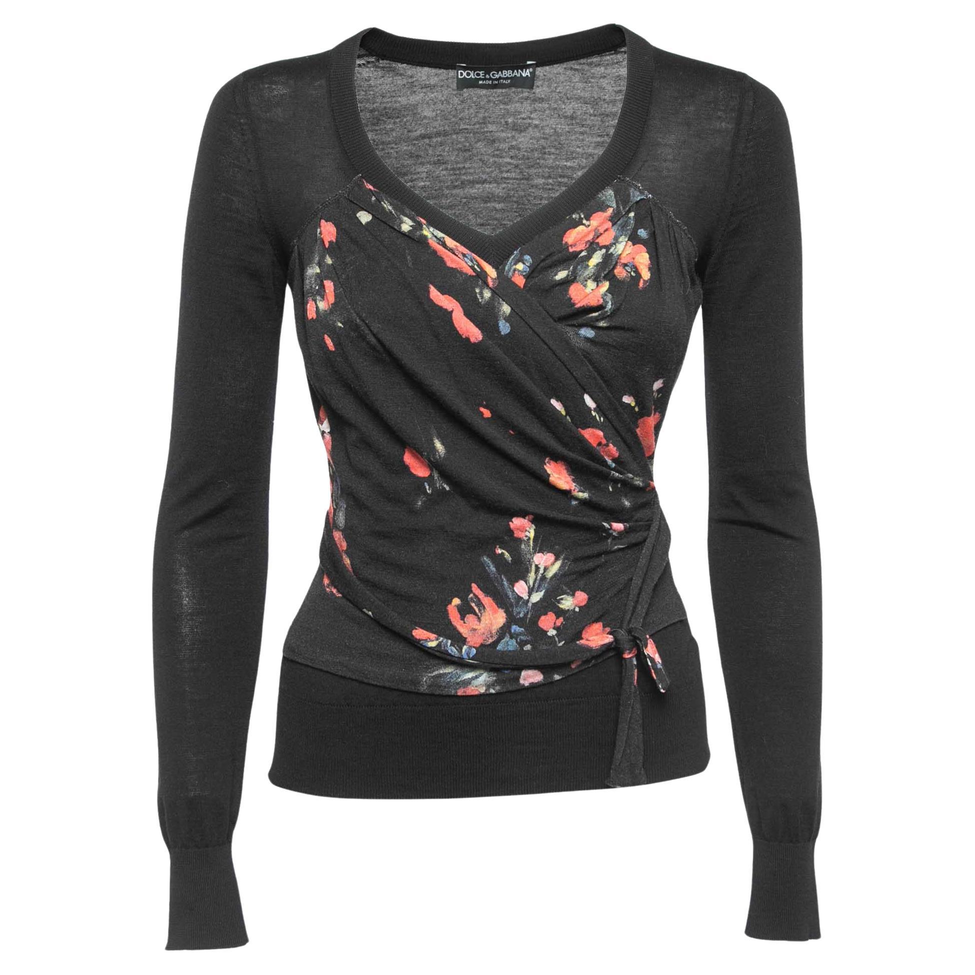 Dolce & Gabbana Black Floral Print Knit Draped Long Sleeve Top S For Sale