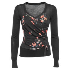Dolce 
Gabbana Black Floral Print Knit Draped Long Sleeve Top S